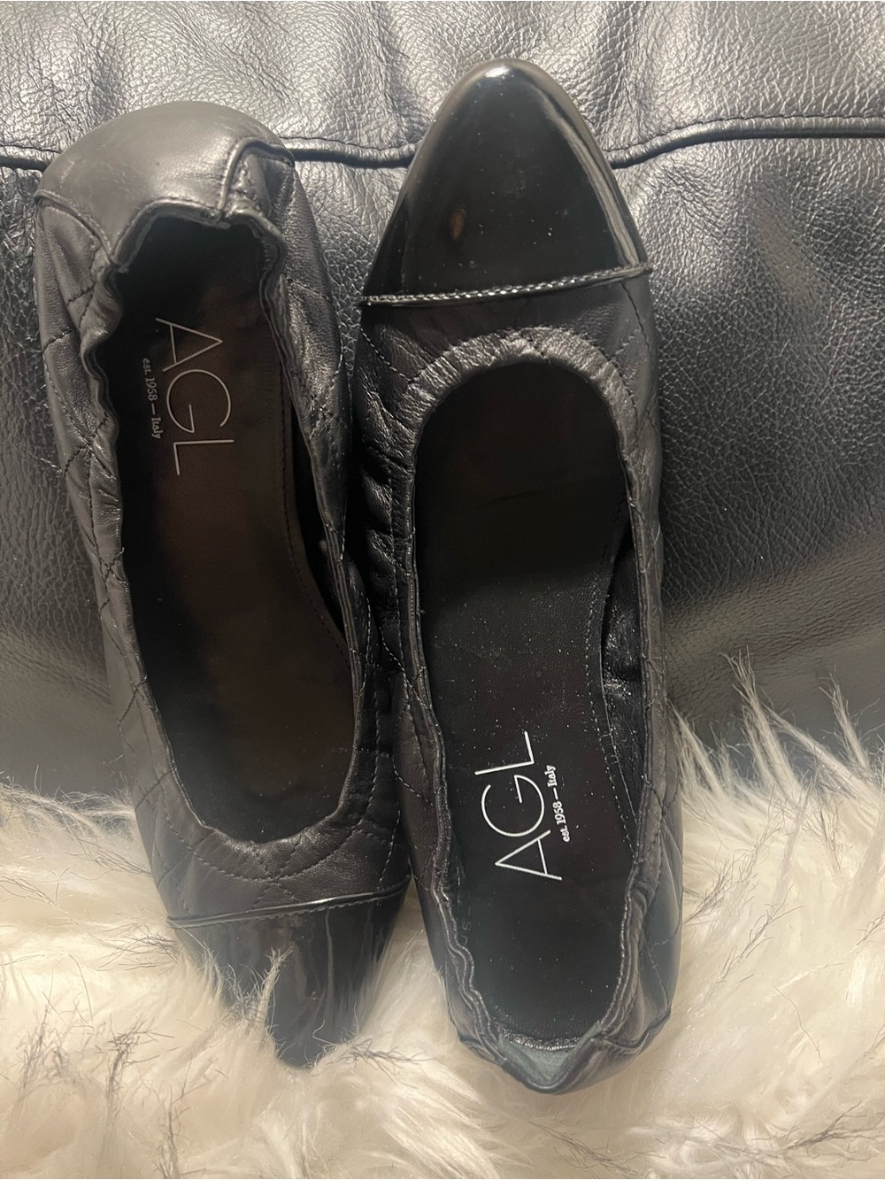 AGL Black Quilted Leather Ballet Flats with Patent Cap Toe